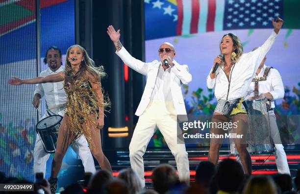 Recording artists Jennifer Lopez, Pitbull and Claudia Leitte perform onstage during the 2014 Billboard Music Awards at the MGM Grand Garden Arena on...