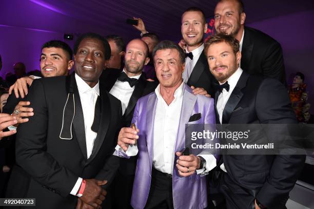 Wesley Snipes, Jason Statham, Sylvester Stallone, Glen Powell, director Patrick Hughes and Kellan Lutz attend the Expendables 3 Dinner and Party...