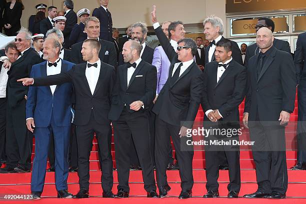 Dolph Lundgren, Harrison Ford, director Patrick Hughes, actors Antonio Banderas, Mel Gibson, Jason Statham, Sylvester Stallone, Ronda Rousey, Wesley...