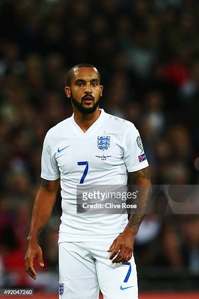 Theo Walcott of England looks on during the UEFA EURO 2016 Group E qualifying match between England and Estonia at Wembley on October 9, 2015 in...