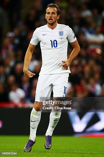 Harry Kane of England in action during the UEFA EURO 2016 Group E qualifying match between England and Estonia at Wembley on October 9, 2015 in...