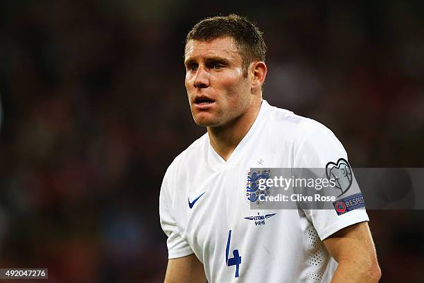 James Milner of England looks on during the UEFA EURO 2016 Group E qualifying match between England and Estonia at Wembley on October 9, 2015 in...