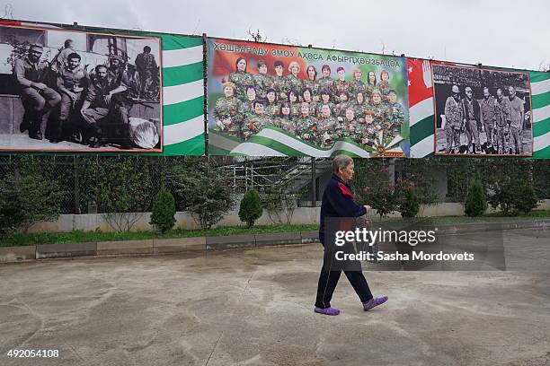 Patriotic posters and portraits of Abkhazian army militants who took part in the Georgian-Abkhazian war in 1992-1993 are on display October 9, 2015...