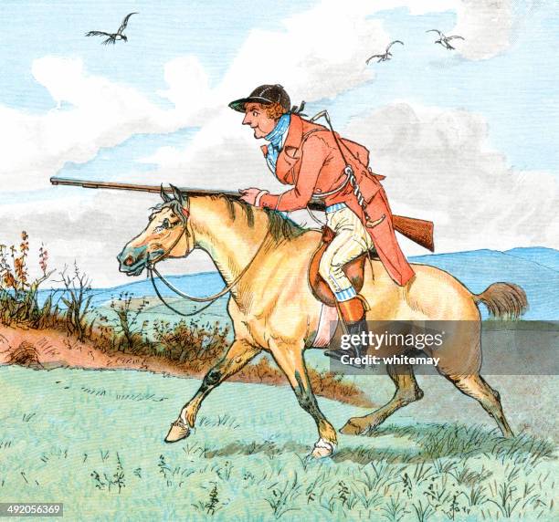 huntsman with a rifle - bay horse stock illustrations