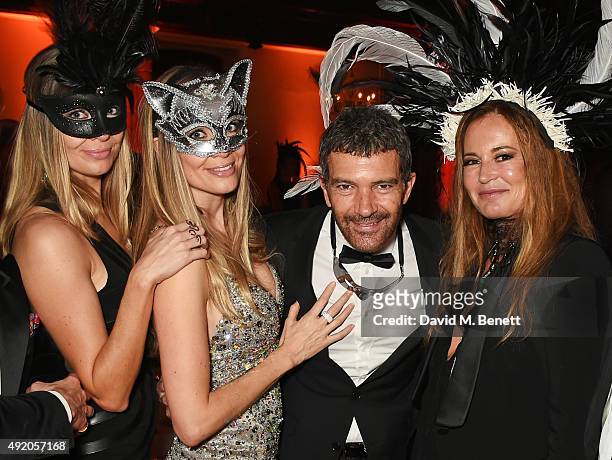 Barbara Kimpel, Nicole Kimpel, Antonio Banderas and Eva Cavalli attend Eva Cavalli’s birthday dinner party at One Mayfair on October 9, 2015 in...