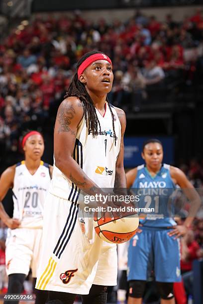 Shavonte Zellous of the Indiana Fever shoots a free throw against the Minnesota Lynx during Game Three of the 2015 WNBA Finals on October 9, 2015 at...