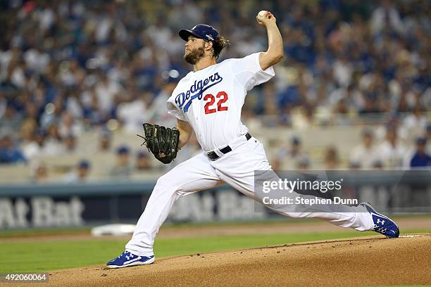 Pitcher Clayton Kershaw of the Los Angeles Dodgers pitches in the first inning against the New York Mets in game one of the National League Division...
