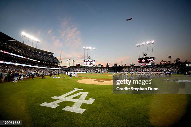 General view during player introductions before game one of the National League Division Series between the Los Angeles Dodgers and the New York Mets...