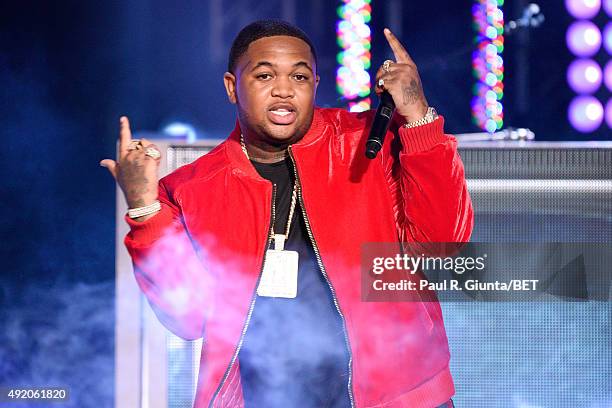 Mustard performs onstage at the BET Hip Hop Awards Show 2015 at the Atlanta Civic Center on October 9, 2015 in Atlanta, Georgia.