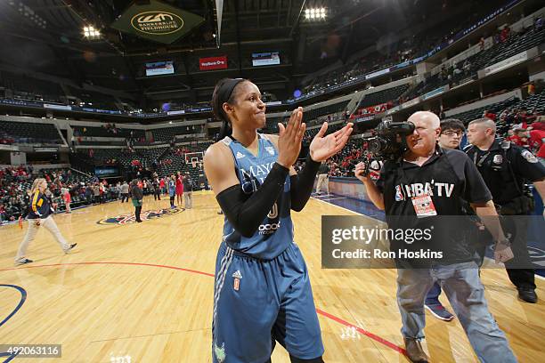 Maya Moore of the Minnesota Lynx celebrates after hitting the game winning shot during Game Three of the 2015 WNBA Finals against the Indiana Fever...