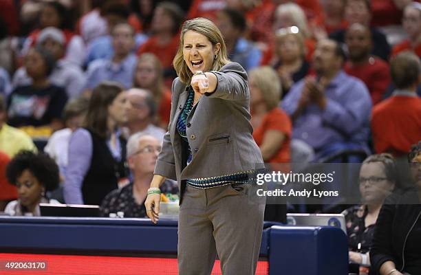 Cheryl Reeve the head coach of the Minnesota Lynx gives instructions to her team against the Indiana Fever during Game Three of the 2015 WNBA Finals...