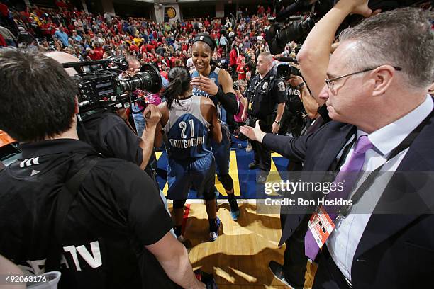 Maya Moore of the Minnesota Lynx celebrates with her teammates after hitting the game winning shot during Game Three of the 2015 WNBA Finals against...