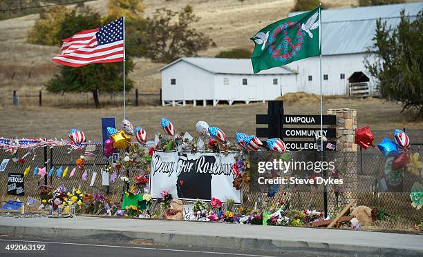 General view of a makeshift memorial near the campus of Umpqua Community College Campus on October 9, 2015 in Roseburg, Oregon. A gunman killed eight...