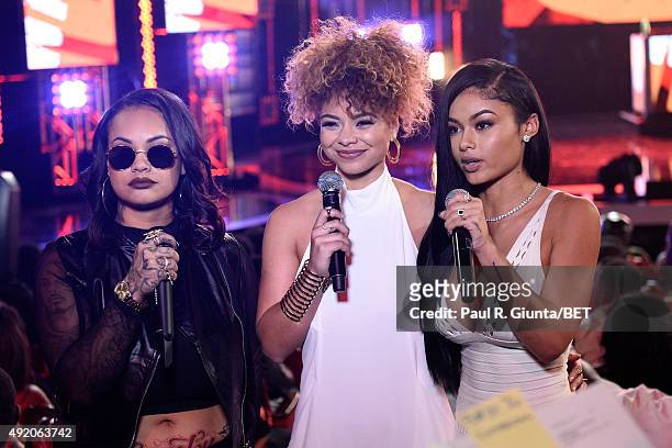 Morgan Westbrooks, Crystal Westbrooks and India Love Westbrooks speak at the BET Hip Hop Awards 2015 presented by Sprite at Atlanta Civic Center on...