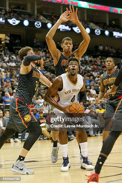 Jeff Adrien of the New Orleans Pelicans shoots the ball against the Atlanta Hawks during a preseason game on October 9, 2015 at the Jacksonville...