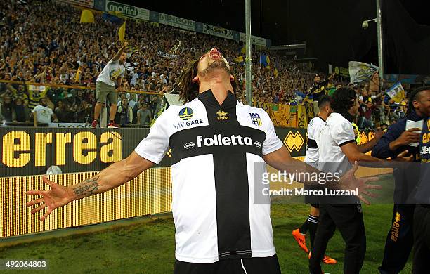 Amauri Carvalho De Oliveira of Parma FC celebrates the qualification at UEFA Europa League 2014/15 at the end of the Serie A match between Parma FC...