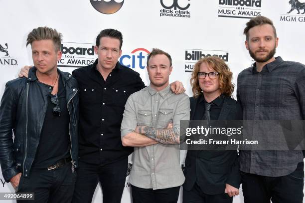 Musicians Ryan Tedder, Zach Filkins, Eddie Fisher, Drew Brown, and Brent Kutzle of OneRepublic attend the 2014 Billboard Music Awards at the MGM...