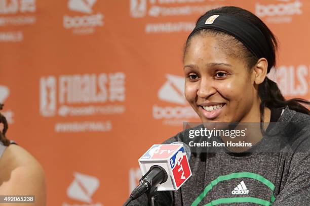 Maya Moore of the Minnesota Lynx speaks at the post game press conference after Game Three of the 2015 WNBA Finals against the Indiana Fever on...