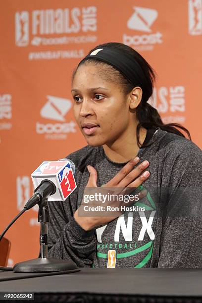 Maya Moore of the Minnesota Lynx speaks at the post game press conference after Game Three of the 2015 WNBA Finals against the Indiana Fever on...