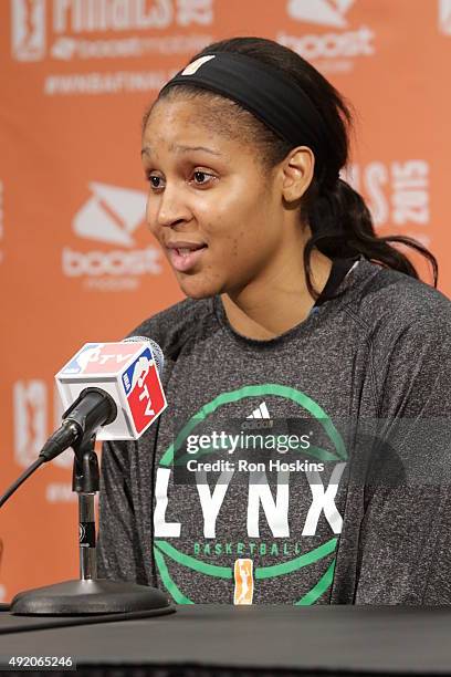 Maya Moore of the Minnesota Lynx speaks at the post game press conference after Game Three of the 2015 WNBA Finals against the Indiana Fever on...