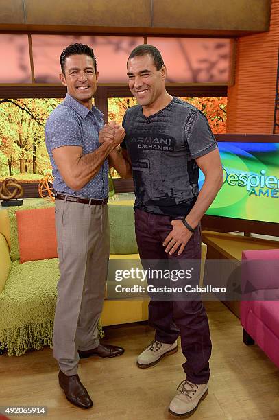 Fernando Colunga and Eduardo Yanez visit the set of 'Despierta America' to promote his film 'Ladrones' at Univision Studios on October 9, 2015 in...