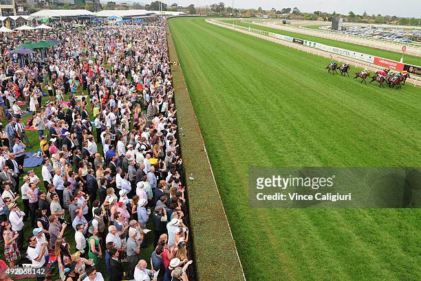 General view of crowd during Race 4, the Weekend Hussler Stakes which was won by Amovatio during Caulfield Guineas Day at Caulfield Racecourse on...