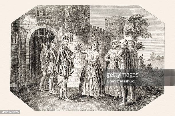 queen margaret placing a paper crown on the head - evil queen stock illustrations
