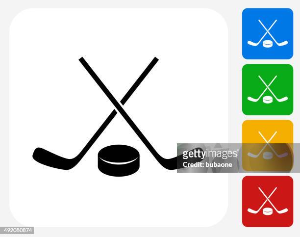 hockey stick and puck icon flat graphic design - hockey puck stock illustrations