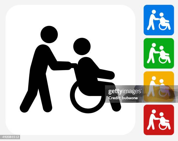 ilustrações de stock, clip art, desenhos animados e ícones de cadeira de rodas a pessoa que dele cuida ícone flat design gráfico - cadeira de rodas