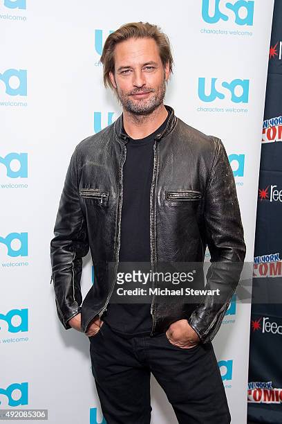Actor Josh Holloway poses in the press room for the "Colony" panel during New York Comic-Con Day 2 at The Jacob K. Javits Convention Center on...