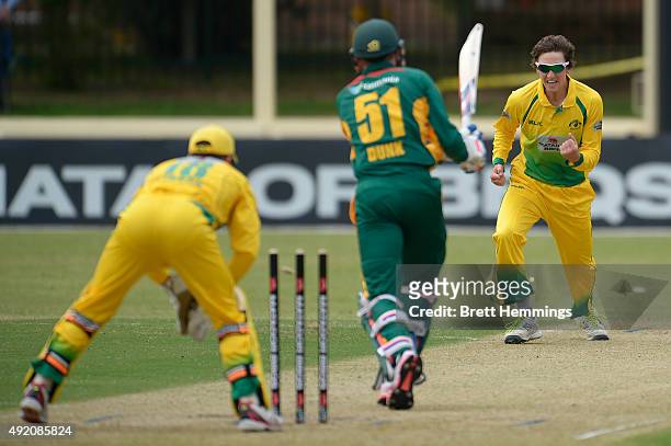 Matt Short of the Cricket Australia XI celebrates after taking the stumping wicket of Ben Dunk of Tasmania during the Matador BBQs One Day Cup match...