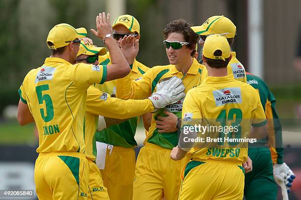 Matt Short of the Cricket Australia XI celebrates after taking the stumping wicket of Ben Dunk of Tasmania during the Matador BBQs One Day Cup match...