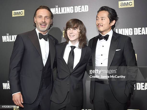 Andrew Lincoln; Chandler Riggs and Steven Yeun attend AMC's "The Walking Dead" Season 6 Fan Premiere Event 2015 at Madison Square Garden on October...