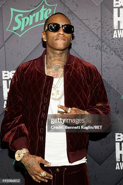 Rapper Soulja Boy attends the BET Hip Hop Awards 2015 presented by Sprite at Atlanta Civic Center on October 9, 2015 in Atlanta, Georgia.