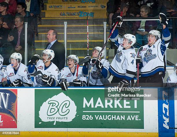 Dave Lowry, head coach and the Victoria Royals celebrate a goal against the Kelowna Rockets on October 9, 2015 at Prospera Place in Kelowna, British...