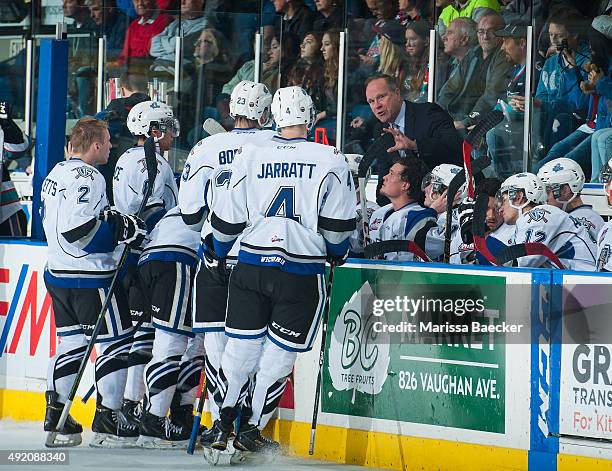 Head coach Dave Lowry takes a time out against the Kelowna Rockets on OCTOBER 9, 2015 at Prospera Place in Kelowna, British Columbia, Canada.