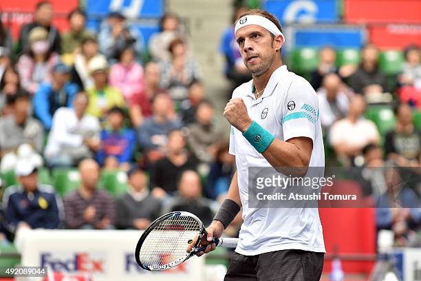 Gilles Muller of Luzembourg reacts during the men's singles semi final match against Stan Wawrinka of Switzerland on day six of Rakuten Open 2015 at...