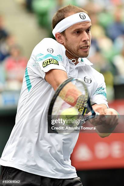 Gilles Muller of Luzembourg competes against Stan Wawrinka of Switzerland during the men's singles semi final match on day six of Rakuten Open 2015...