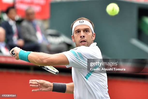 Gilles Muller of Luzembourg competes against Stan Wawrinka of Switzerland during the men's singles semi final match on day six of Rakuten Open 2015...