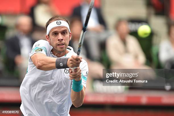 Gilles Muller of Luzembourg competes against Stan Wawrinka of Switzerland during the men's singles semi final match on day six of Rakuten Open 2015...