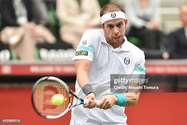 Gilles Muller of Luzembourg competes against Stan Wawrinka of Switzerland during the men's singles semi final match on day six of Rakuten Open 2015...