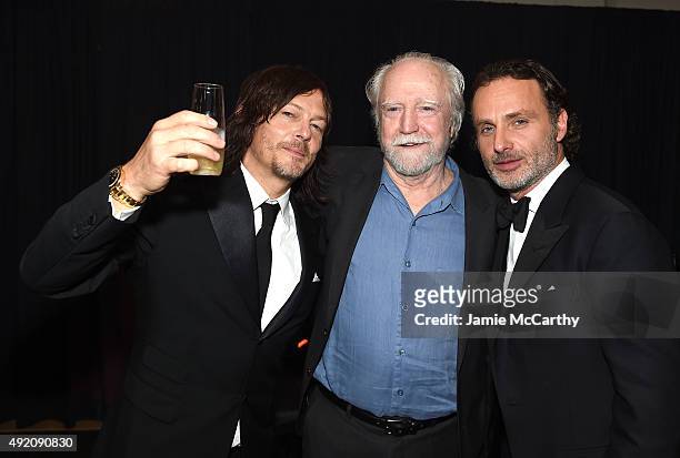 Norman Reedus, Scott Wilson and Andrew Lincoln attend the AMC's "The Walking Dead" Season 6 Fan Premiere Event 2015 at Madison Square Garden on...