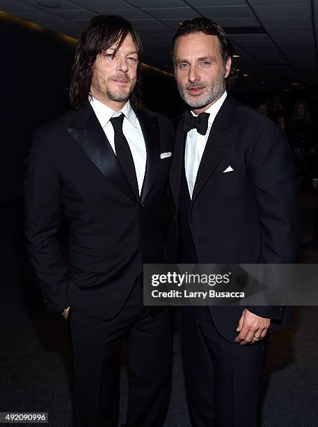 Norman Reedus and Andrew Lincoln attend AMC's "The Walking Dead" Season 6 Fan Premiere Event 2015 at Madison Square Garden on October 9, 2015 in New...