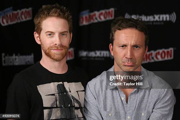 Seth Green and Breckin Meyer visit the SiriusXM Studios during New York Comic-Con at The Jacob K. Javits Convention Center on October 9, 2015 in New...