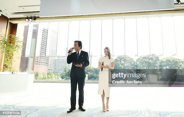 Amanda Seyfried and General Manager of Shiseido Co., Ltd. Keiichi Fujii attend the promotional event for Shiseido's Cle de Peau Beaute at the Palace...