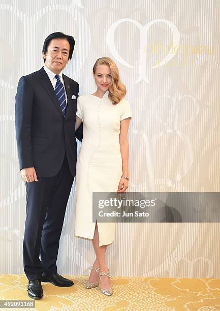 Amanda Seyfried and General Manager of Shiseido Co., Ltd. Keiichi Fujii attend the promotional event for Shiseido's Cle de Peau Beaute at the Palace...