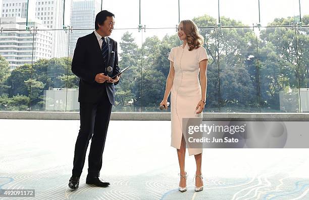 Amanda Seyfried and General Manager of Shiseido Co., Ltd. Keiichi Fujii attend the promotional event for Shiseido's Cle de Peau Beaute at the Palace...