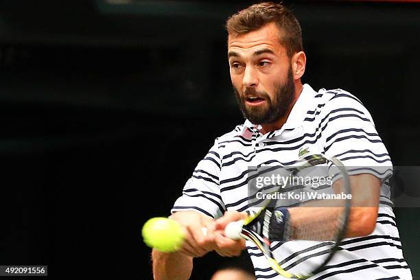 Benoit Paire of France competes against Kei Nishikori of Japan during the men's singles semi final match on Day Six of the Rakuten Open 2015 at...