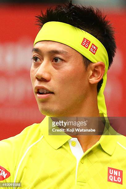 Kei Nishikori of Japan competes against Benoit Paire of France during the men's singles semi final match on Day Six of the Rakuten Open 2015 at...