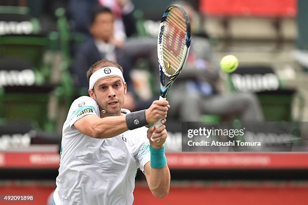 Gilles Muller of Luzembourg competes against Stan Wawrinka of Switzerland during the men's singles semi final match on day six of Rakuten Open 2015...